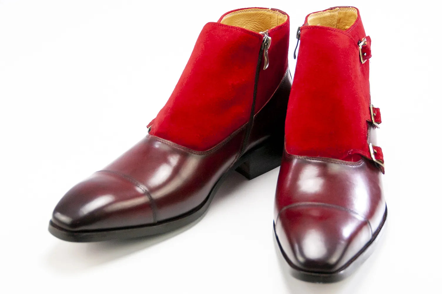 Burgundy Suede & Leather Monk Strap Zip Boots