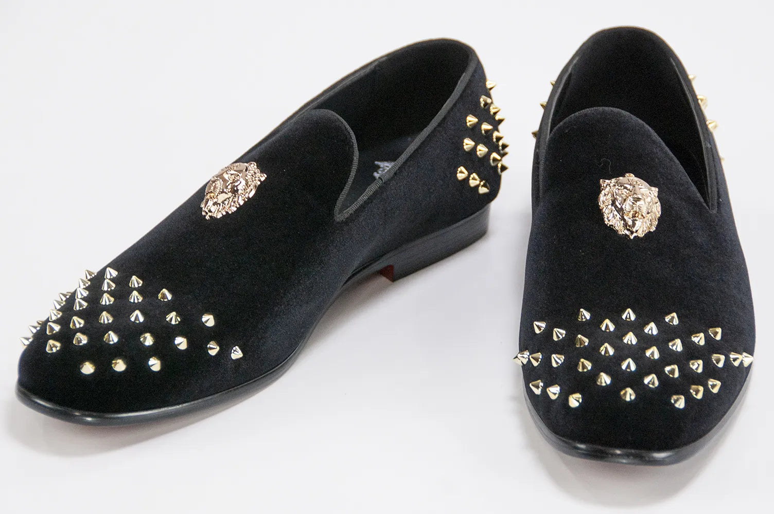 Black Spiked Velvet Loafer with Gold Lion Head