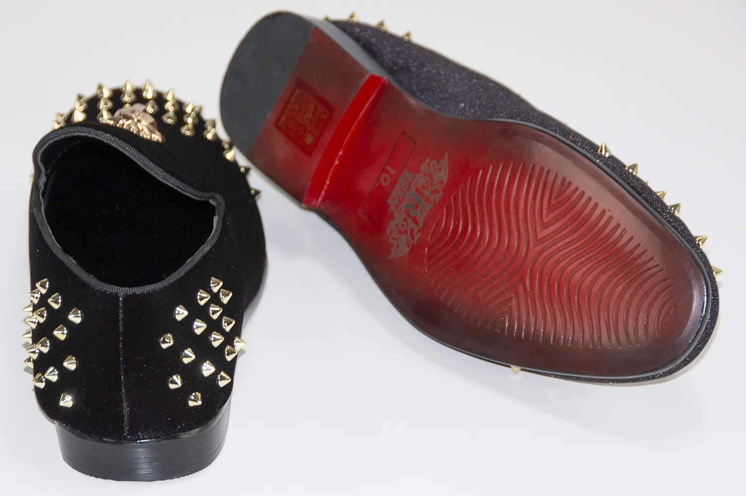 Black Spiked Velvet Loafer with Gold Lion Head