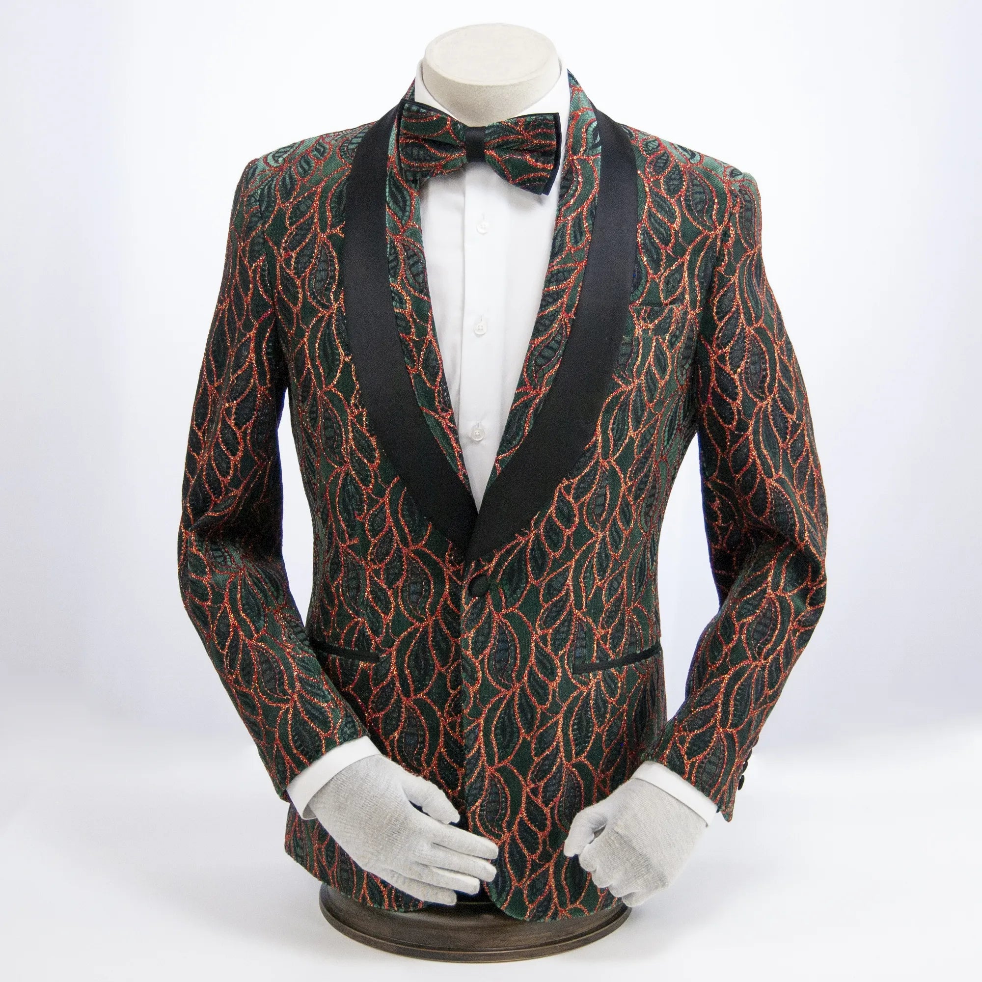 Hunter Green and Red Leaf Patterned Dinner Jacket