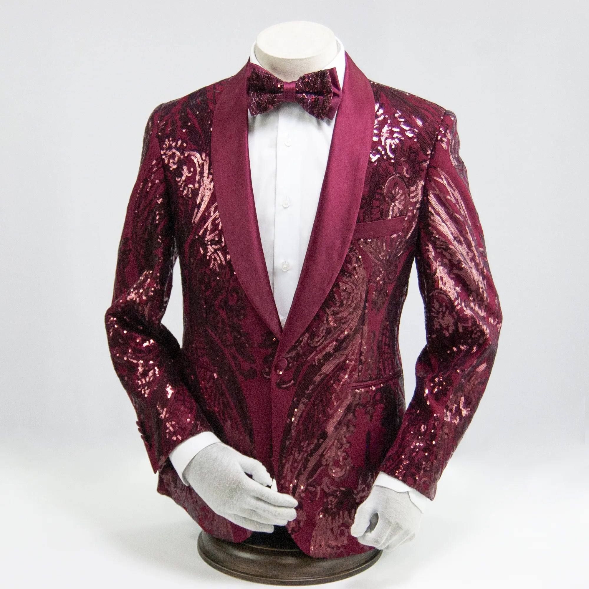 Burgundy Pattern Sequined Slim-Fit Dinner Jacket