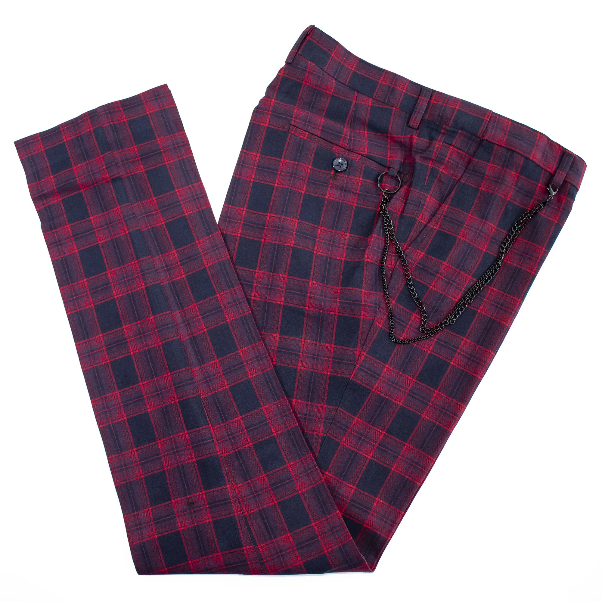 Red and Black Plaid Dress Pants with Chain