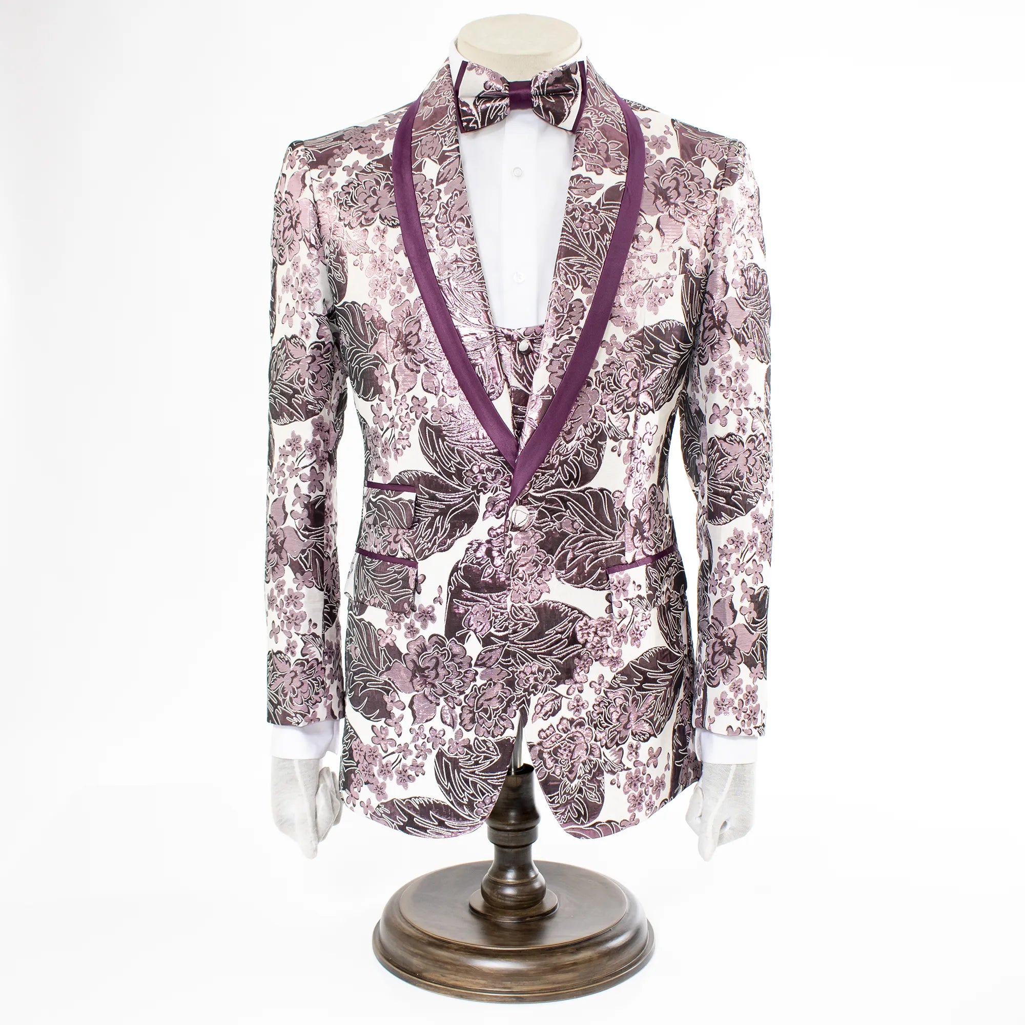 Plum Woven Floral 3-Piece Slim-Fit Tuxedo