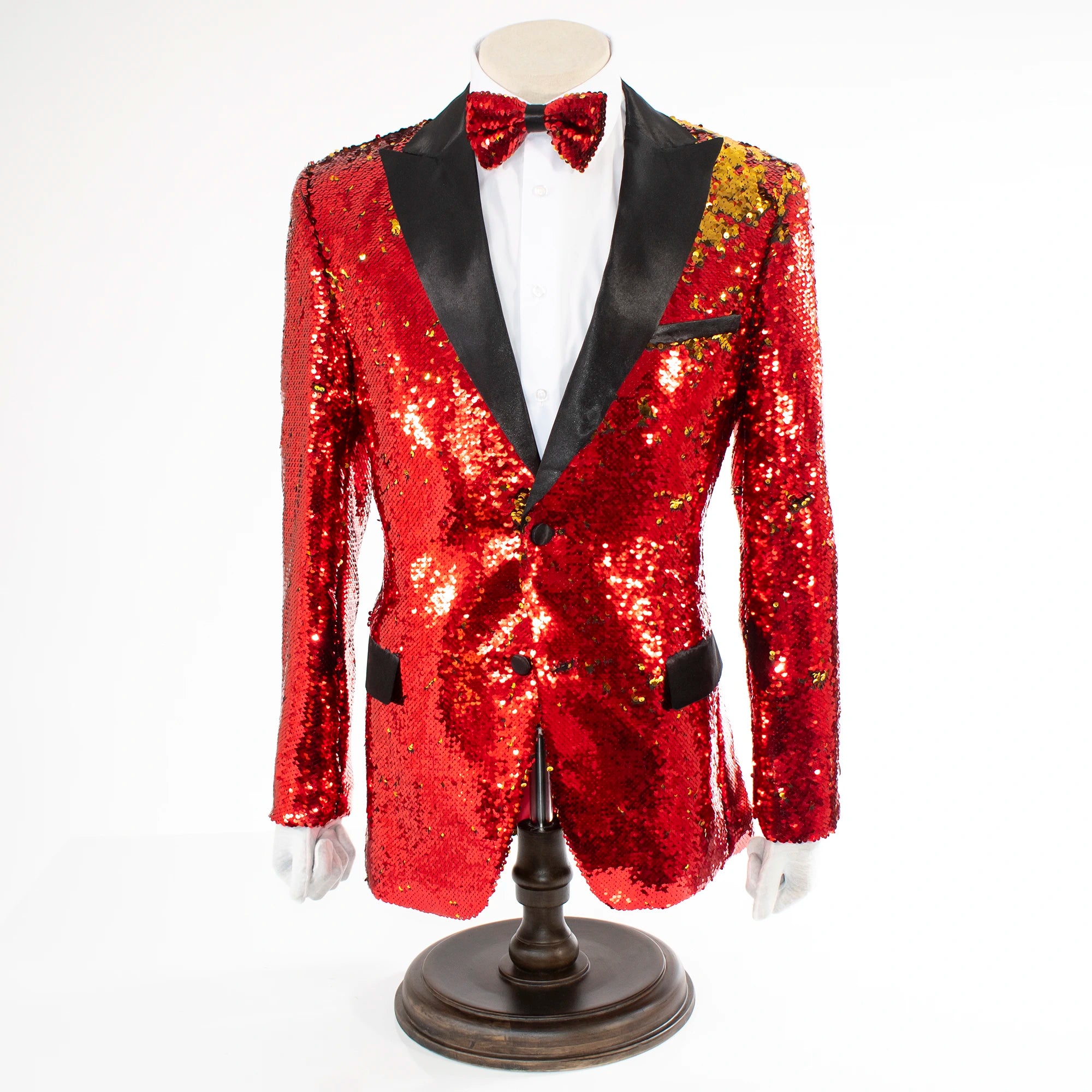 Red And Gold Sequin Modern-Fit Jacket With Peak Lapels