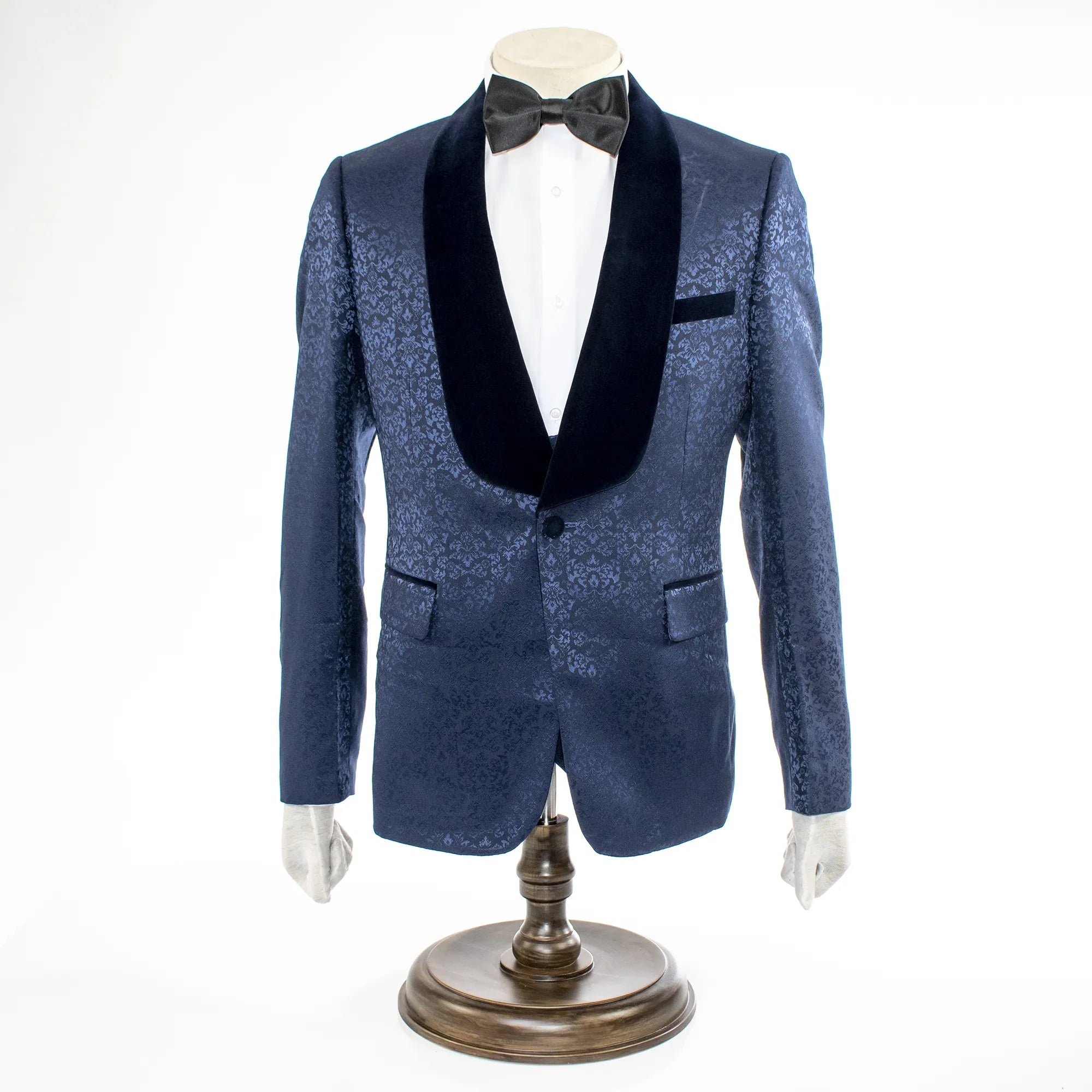 Navy Damask 3-Piece Slim-Fit Tuxedo with Navy Velvet Shawl Lapel