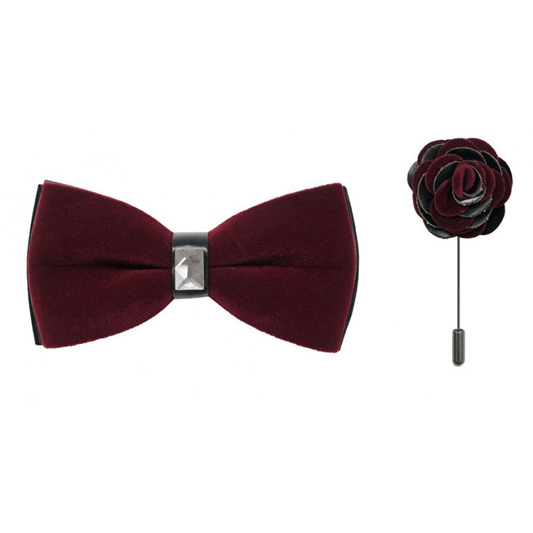 Black Two-Toned Velvet Bow Tie & Lapel Pin