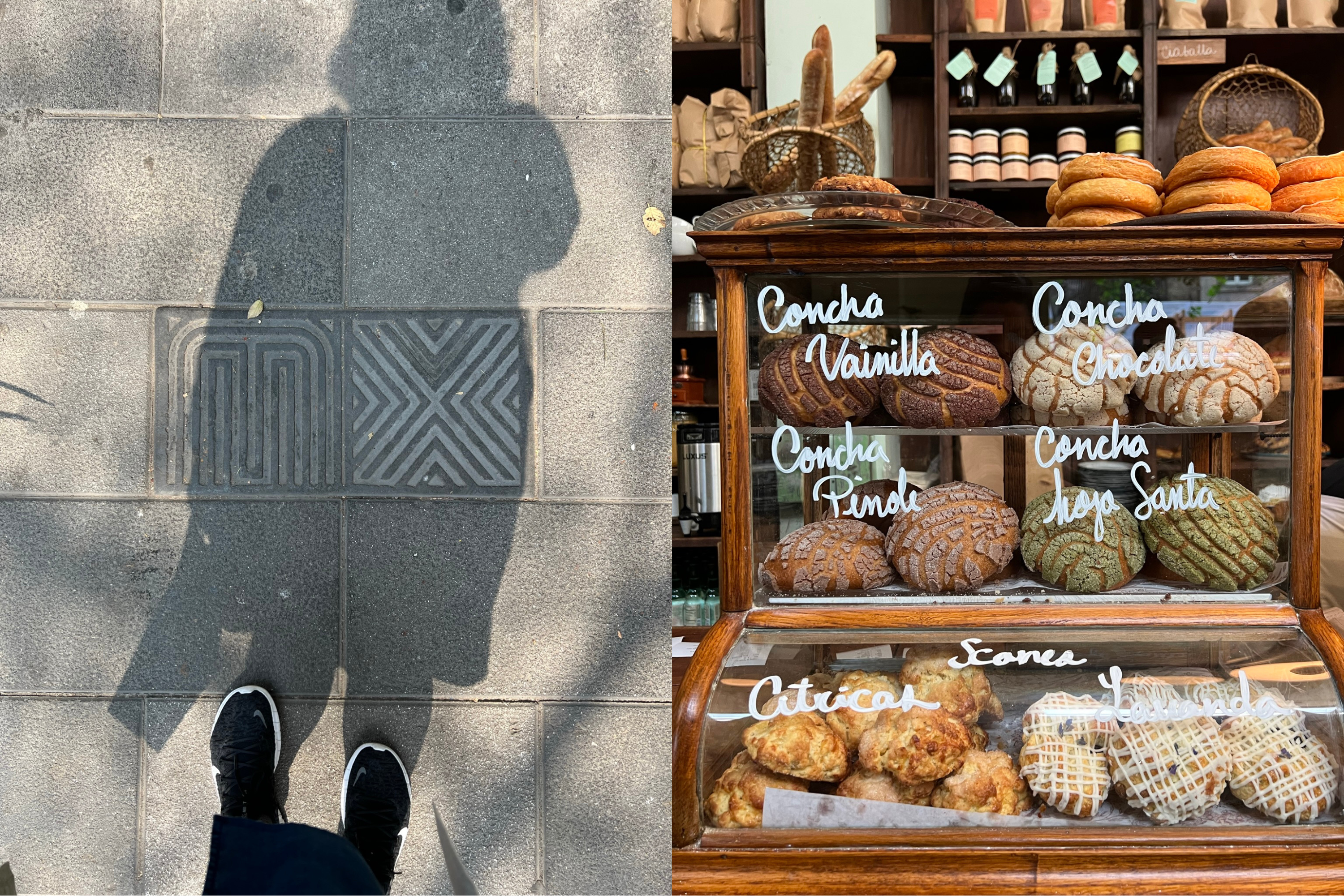 Photo of Haley's shadow on a sidewalk in Mexico City and photo of a variety of breads in a bakery display