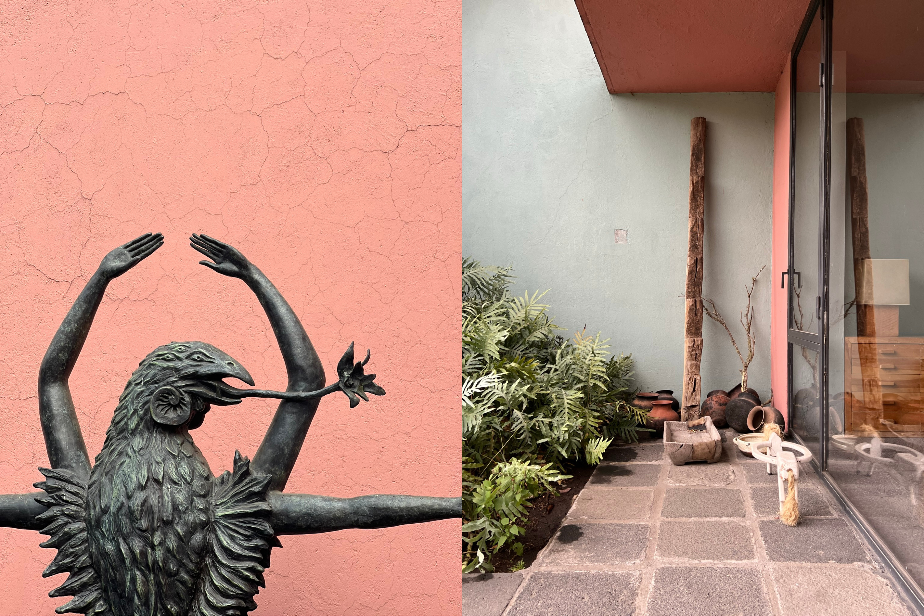 Photo of sculpture in front of Clay Wall and Photo of garden in Mexico City with clay pots and driftwood
