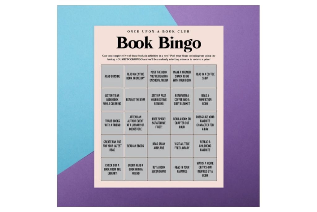 Once Upon a Book Club's Book Bingo card, inviting readers to fun literary challenges and playful reading experiences.