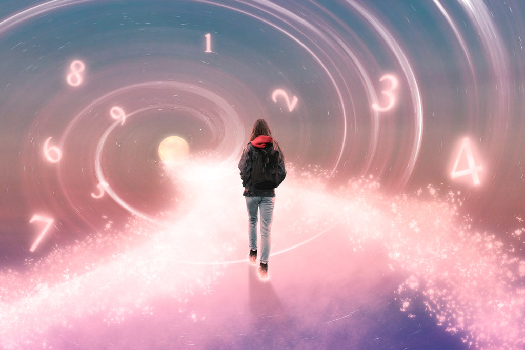Person walking towards a moon in a swirling tunnel of numbers and cosmic clouds.