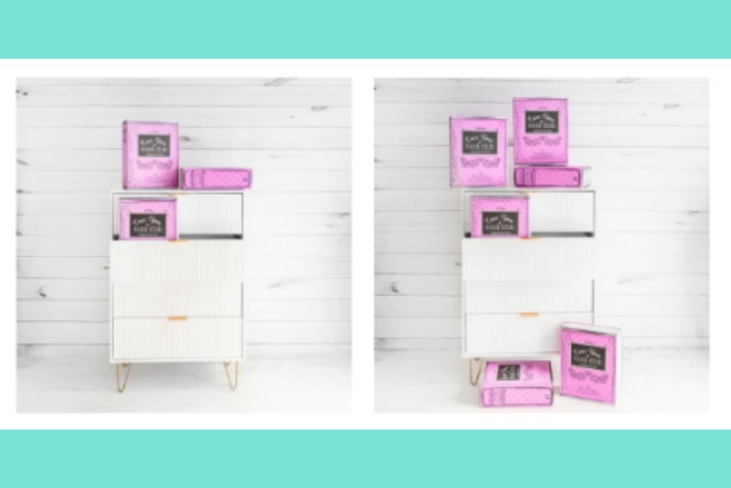 Blurred image of a cabinet with pink books, possibly a 'Book Lovers' themed decor setup.