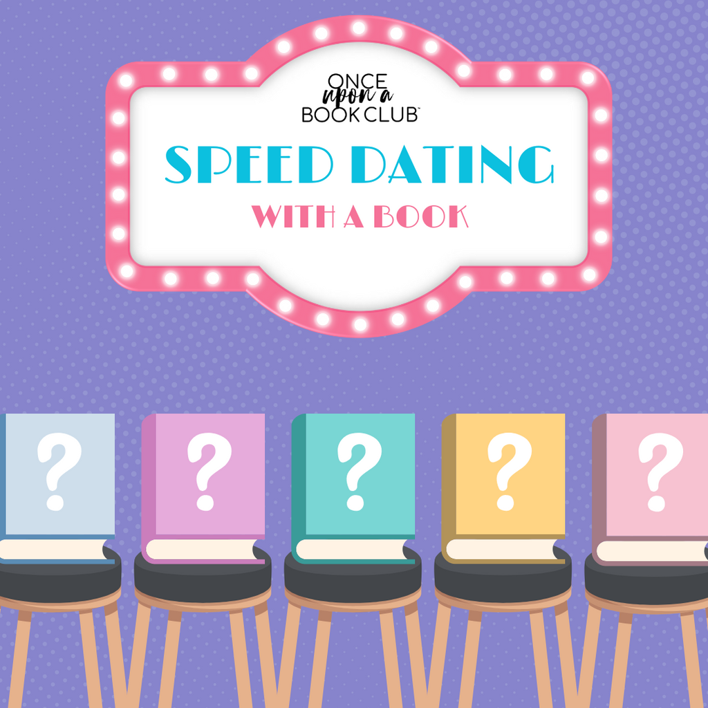 Colorful books with question marks on the cover, standing on stools for a 'OUABC Speed Dating with a Book' event against a dotted backdrop.