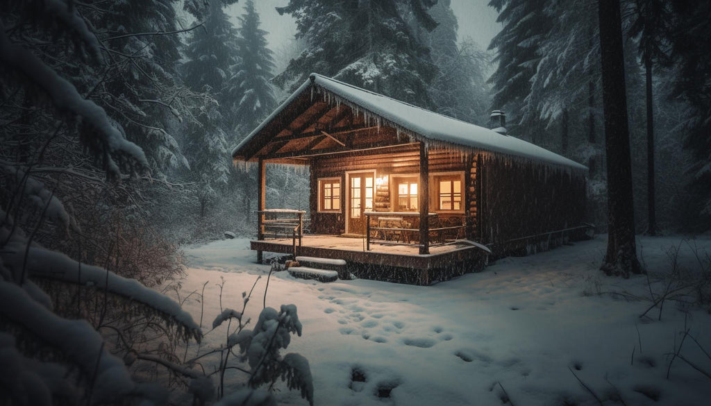 Cozy log cabin with warm lights amidst a snowy forest during a tranquil snowfall.