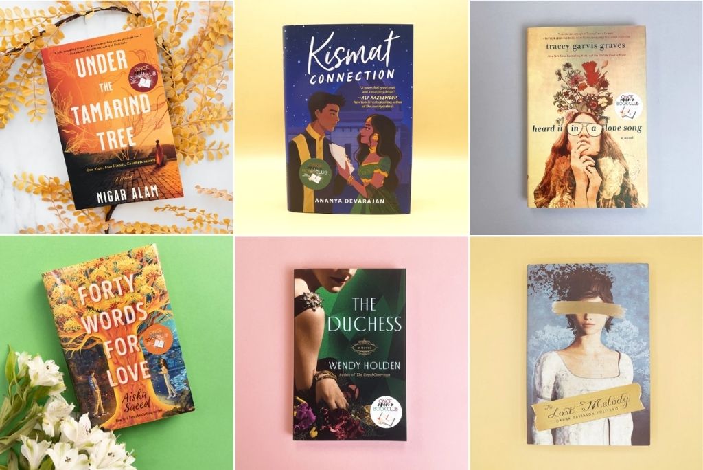 A collage of six books with vibrant covers, part of Once Upon a Book Club selections, arranged artistically with thematic props.