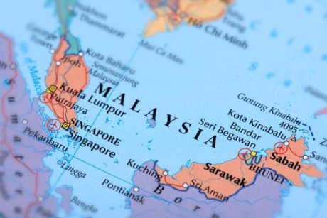 A map highlighting Malaysia, Singapore, and surrounding regions, showcasing various cities and geographical features in detail.