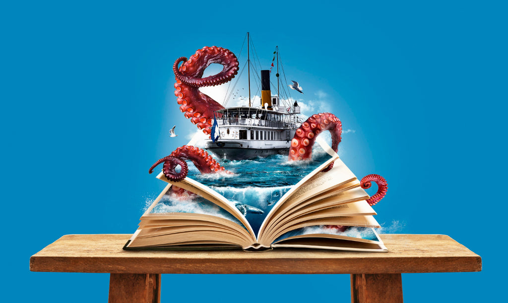 Open book on table with ship and octopus illustration bursting from pages against a blue background.