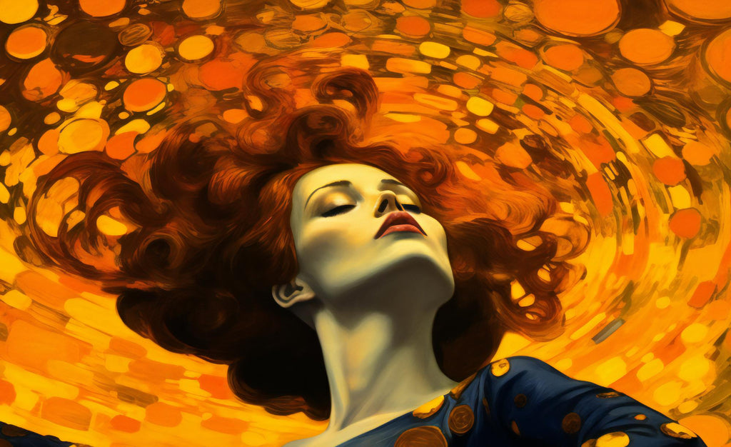 A woman with fiery hair immersed in a swirl of golden light, embodying strength and tranquility.