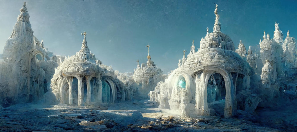 A frozen fantasy city with intricate ice architecture under a clear blue sky.