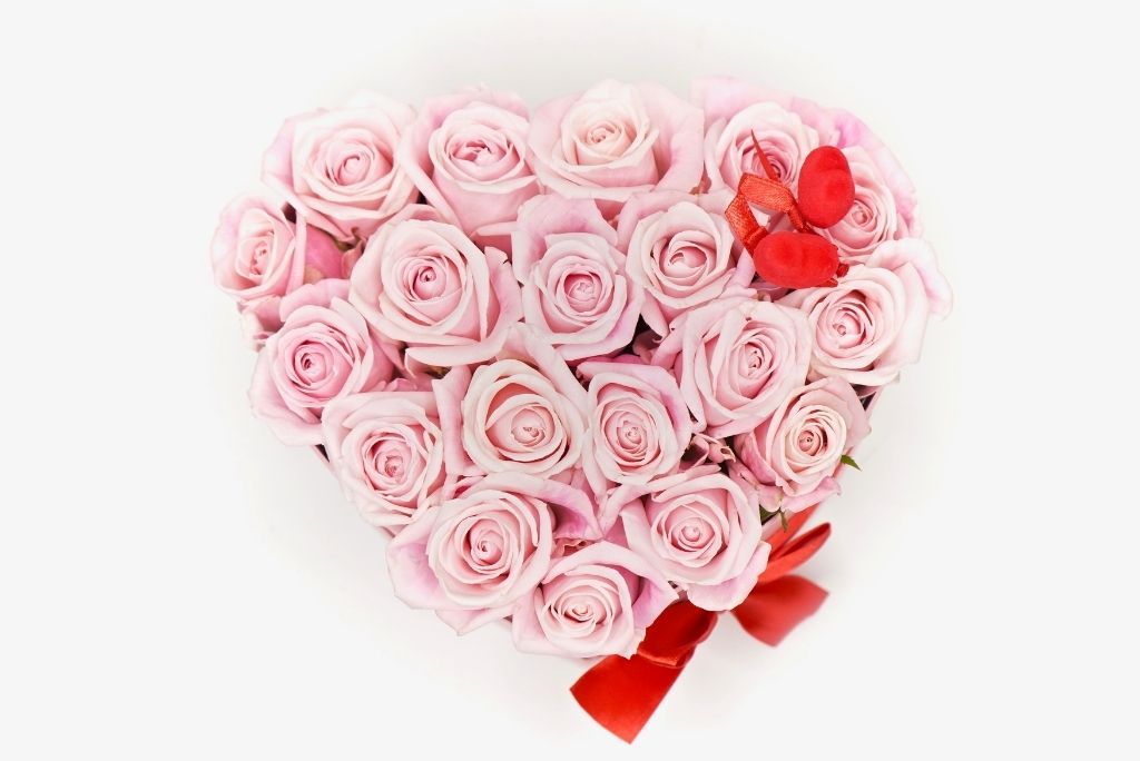 Heart-shaped bouquet of pink roses with red bow, symbolizing Literary Love on Valentine's Day with Once Upon a Book Club.