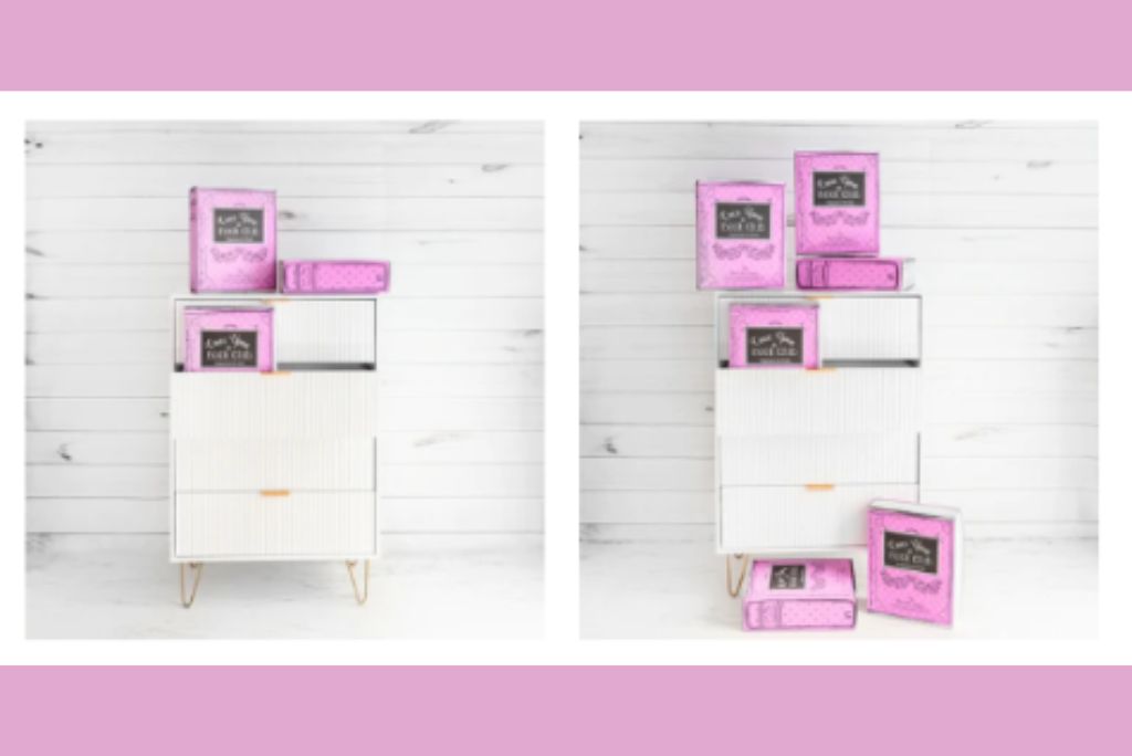 Stylized pink book covers on a cabinet, celebrating Literary Love with Once Upon a Book Club.