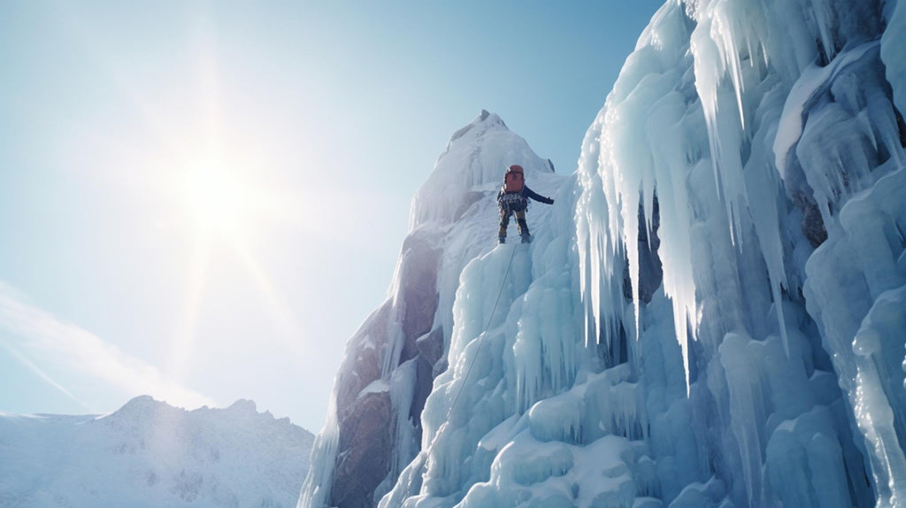 A climber ascending an icy cliff against a bright sunlit sky.