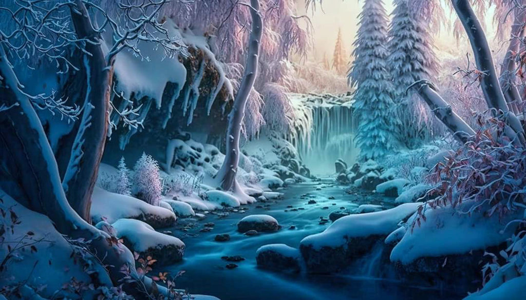 A serene frozen waterfall with snow-covered rocks and twilight glow in a mystical winter forest.