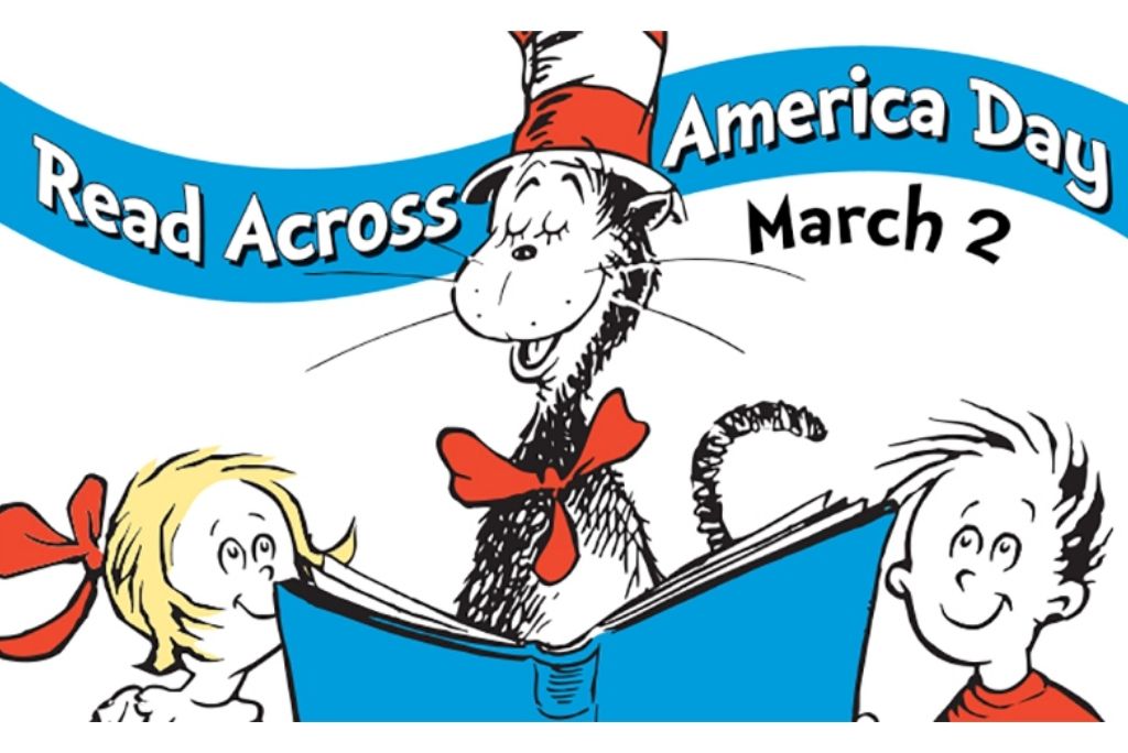 Illustration of characters reading a book together for Read Across America Day on March 2.