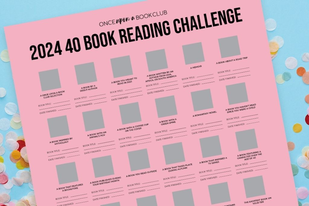 2024 reading challenge chart with categories for book club selections on a pink background.