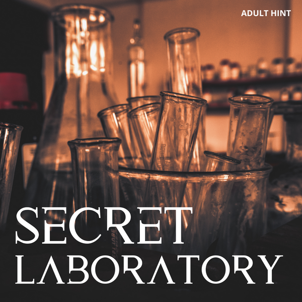 A close-up photo of beakers and test tubes in a laboratory setting. The words "Adult Hint" are at the top of the image. The words "Secret Laboratory" are written at the bottom.