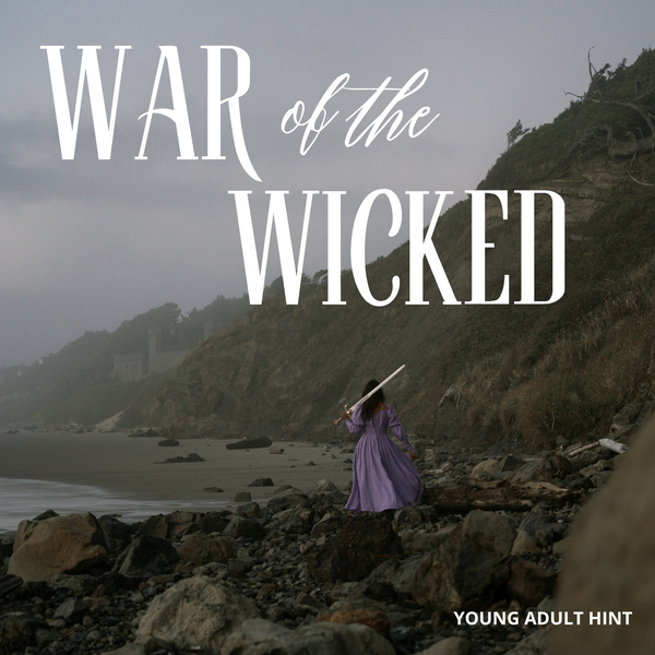 A rocky cliffside beach. A dark-haired Black woman in a purple dress stands on the shore holding a sword over her shoulder. She is facing away from the camera. The words "Young Adult hint" are written at the bottom of the image. The words "War of the Wicked" are written at the top of the image.