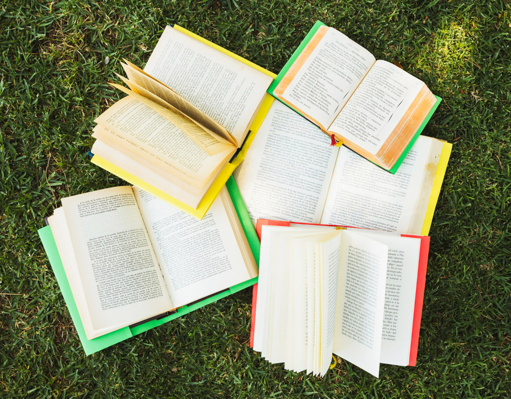 Open books with colorful covers are scattered on a bed of grass, their pages rustled by the breeze, suggesting a relaxing outdoor reading session in nature.