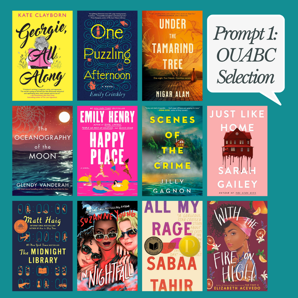 Prompt 1: OUABC Selection featuring book covers such as 'Georgie, All Along,' 'One Puzzling Afternoon,' and 'Under the Tamarind Tree.