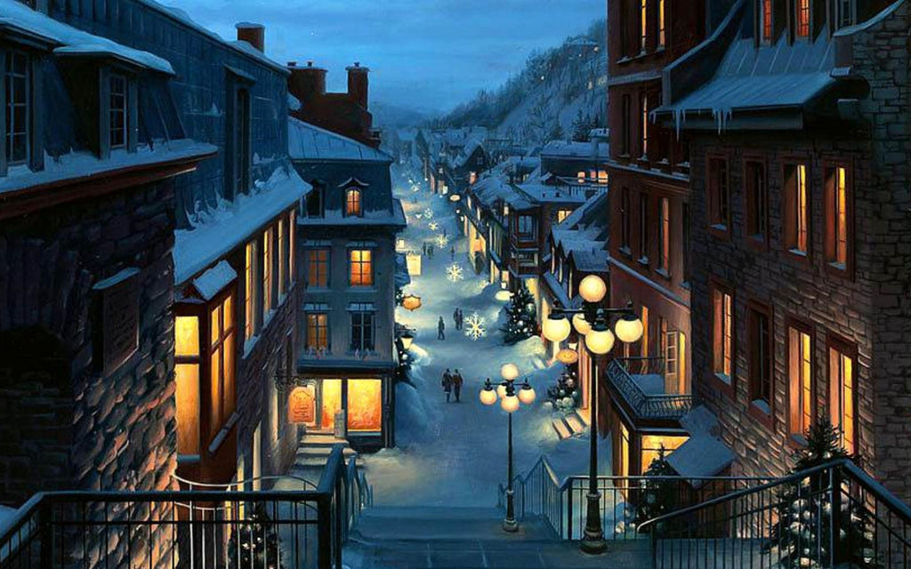 A quaint snow-covered town at dusk, illuminated by warm lights and a festive atmosphere.