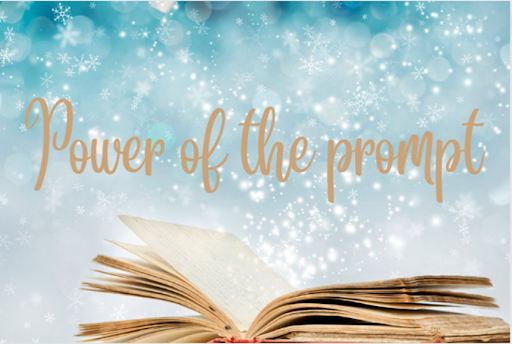 Open book with the phrase 'Power of the prompt' over a whimsical snowy background.