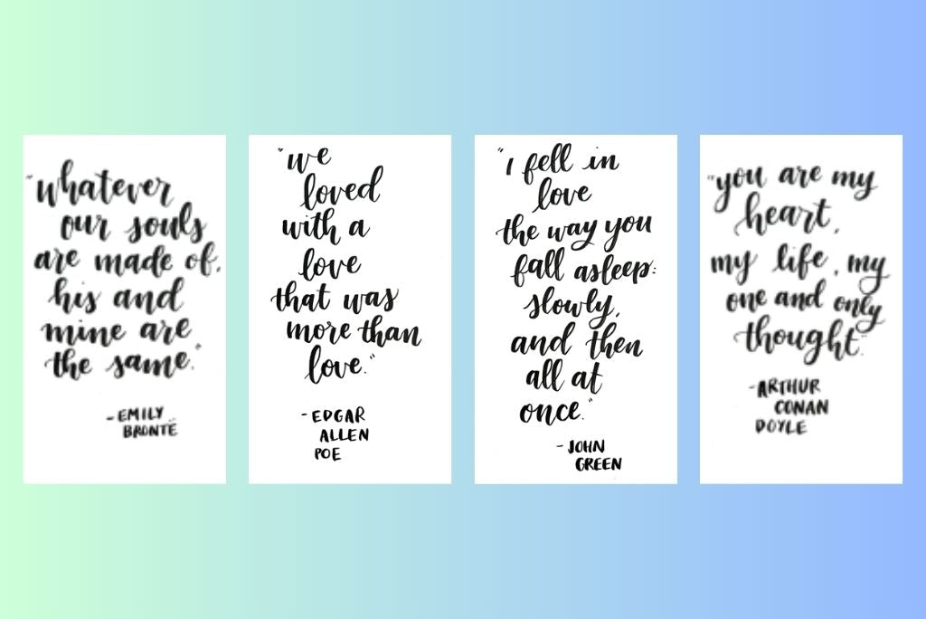 Four romantic literary quotes as art, perfect for a Bookish Artwork project.