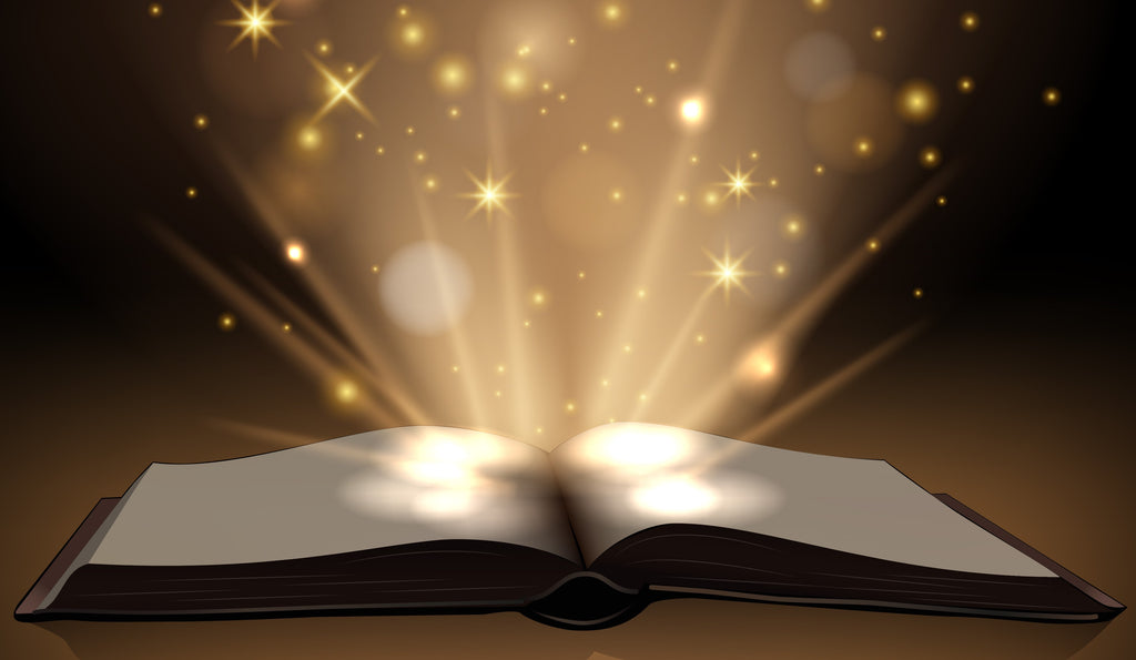 An open book radiating a magical glow with sparkling lights and stars emanating from its pages, symbolizing the enchanting power of storytelling.