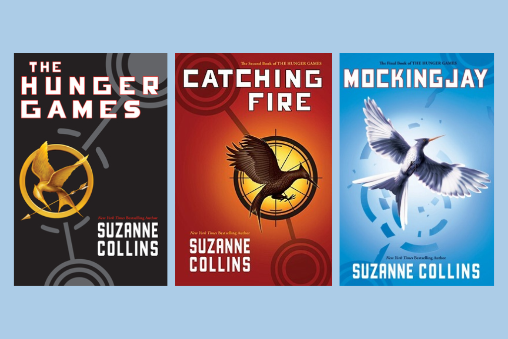 The Hunger Games trilogy covers with iconic symbols on each.