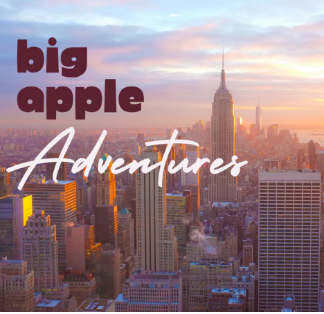 The image features a breathtaking cityscape of New York City at sunset with the iconic Empire State Building prominently in the foreground. The sky is painted with warm hues of orange and pink, suggesting early evening. Overlaid on the image in stylized font are the words 'big apple Adventures', evoking a sense of excitement and exploration in the bustling urban environment.