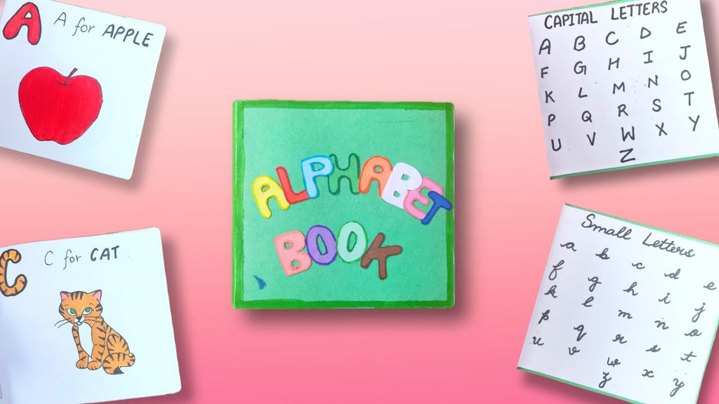 Different papers on the wall. "Alphabet book" is written in the center. Small English letters and capital letters on other pages. project that's perfect for kids, teachers, and parents