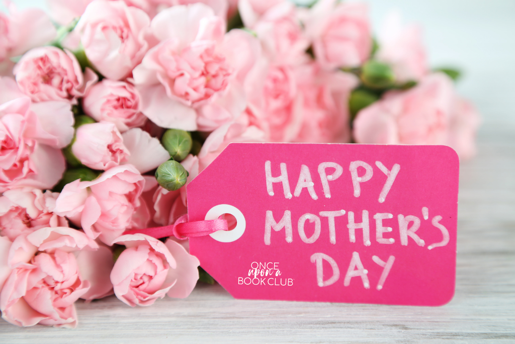 "Happy Mother's Day" tag with a book club logo on pink roses.