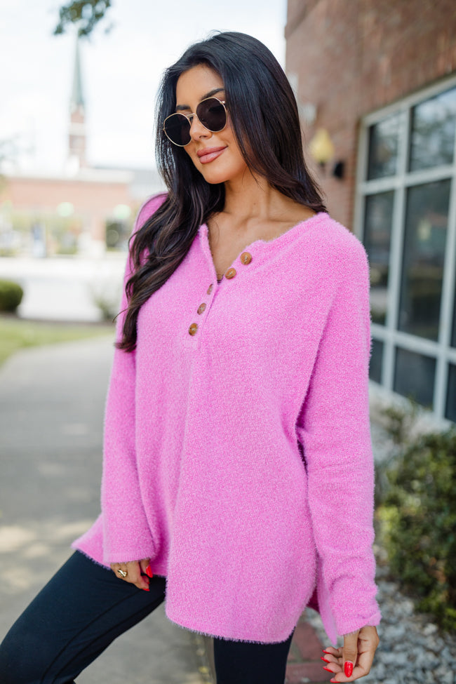 Thinking Of You Hot Pink Fuzzy Henley Sweater SALE