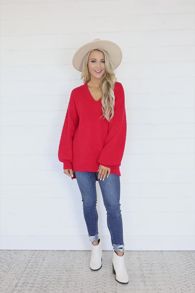 Keep On Smiling V-Neck Sweater Red – Pink Lily
