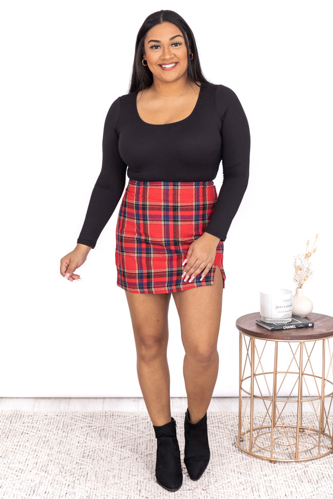 designer red plaid skirt