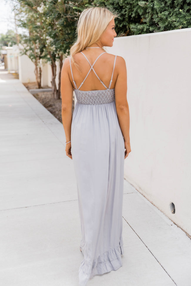 loveable gold lace maxi dress in grey