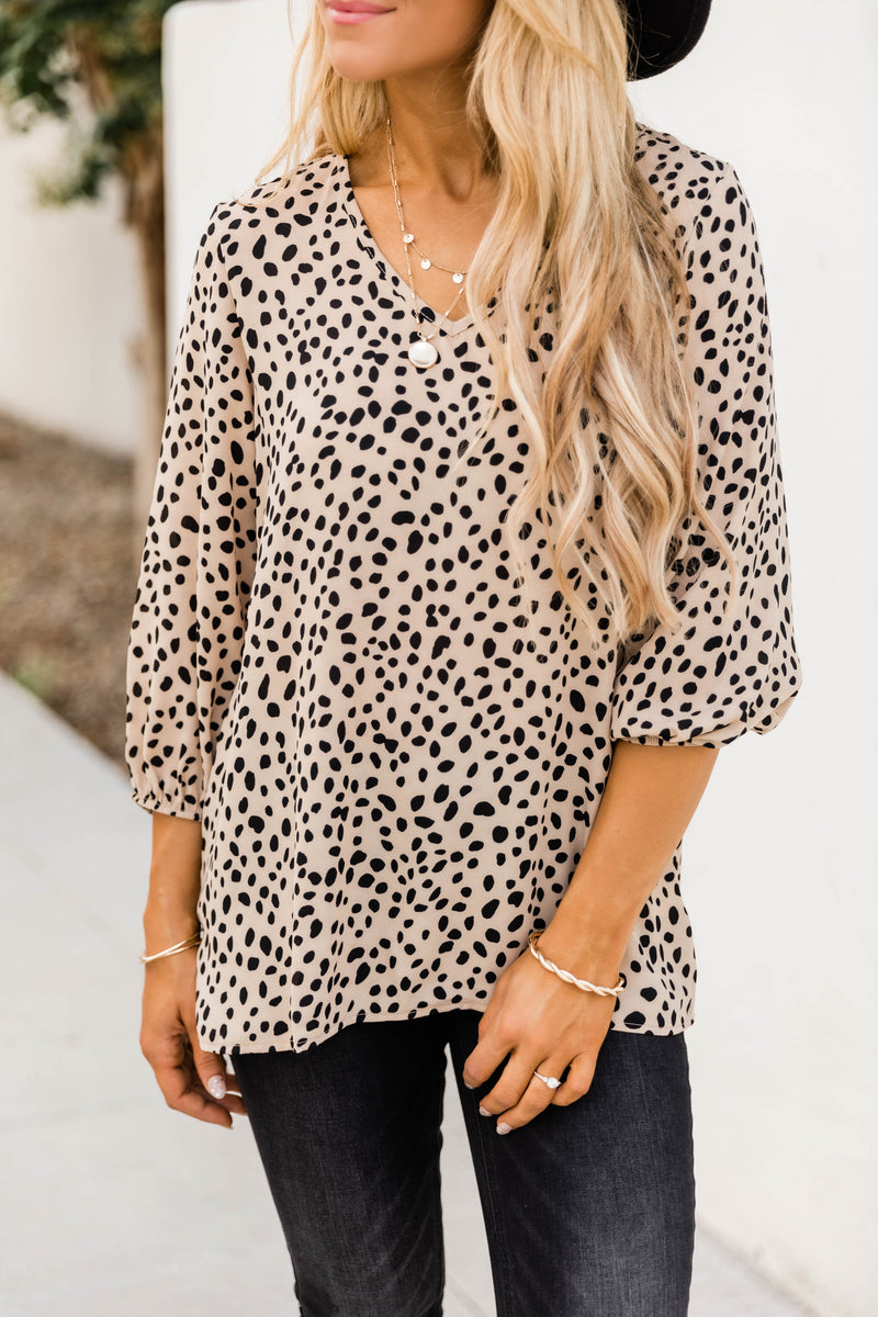 Spot The Difference Taupe Blouse – Pink Lily