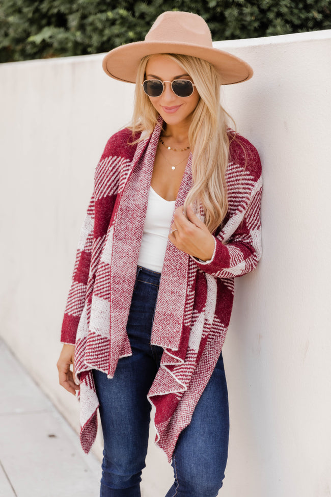 Candidly Chic Buffalo Plaid Burgundy Cardigan FINAL SALE – Pink Lily