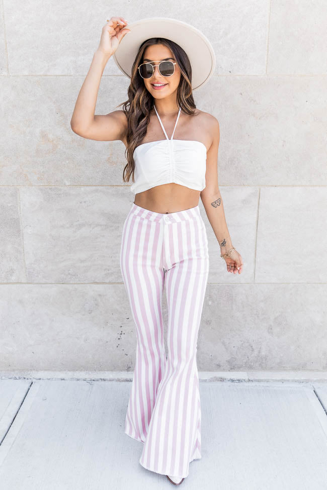 blue and white striped bell bottom pants