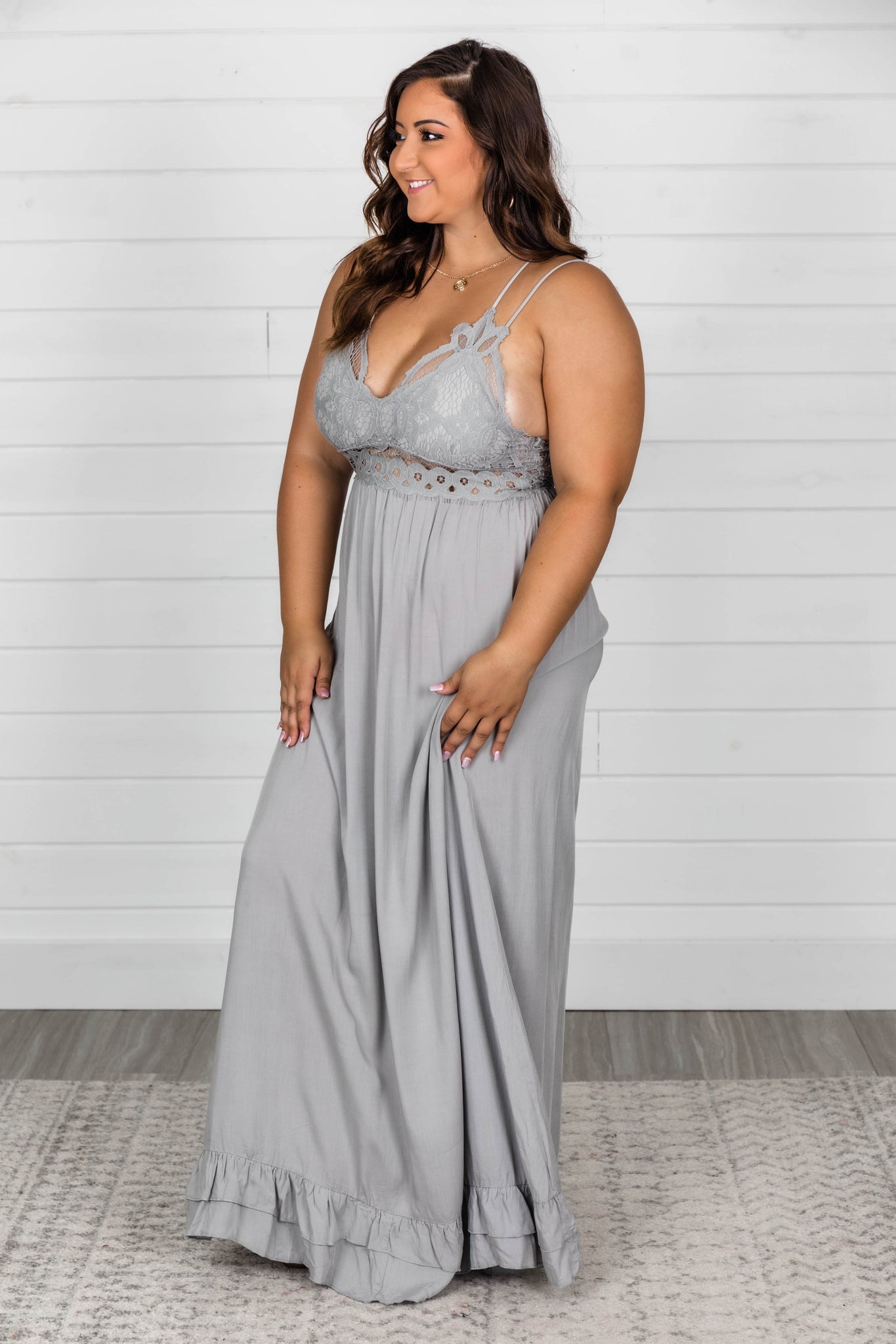 loveable gold lace maxi dress in grey