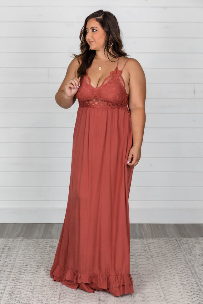 rust lace maxi dress