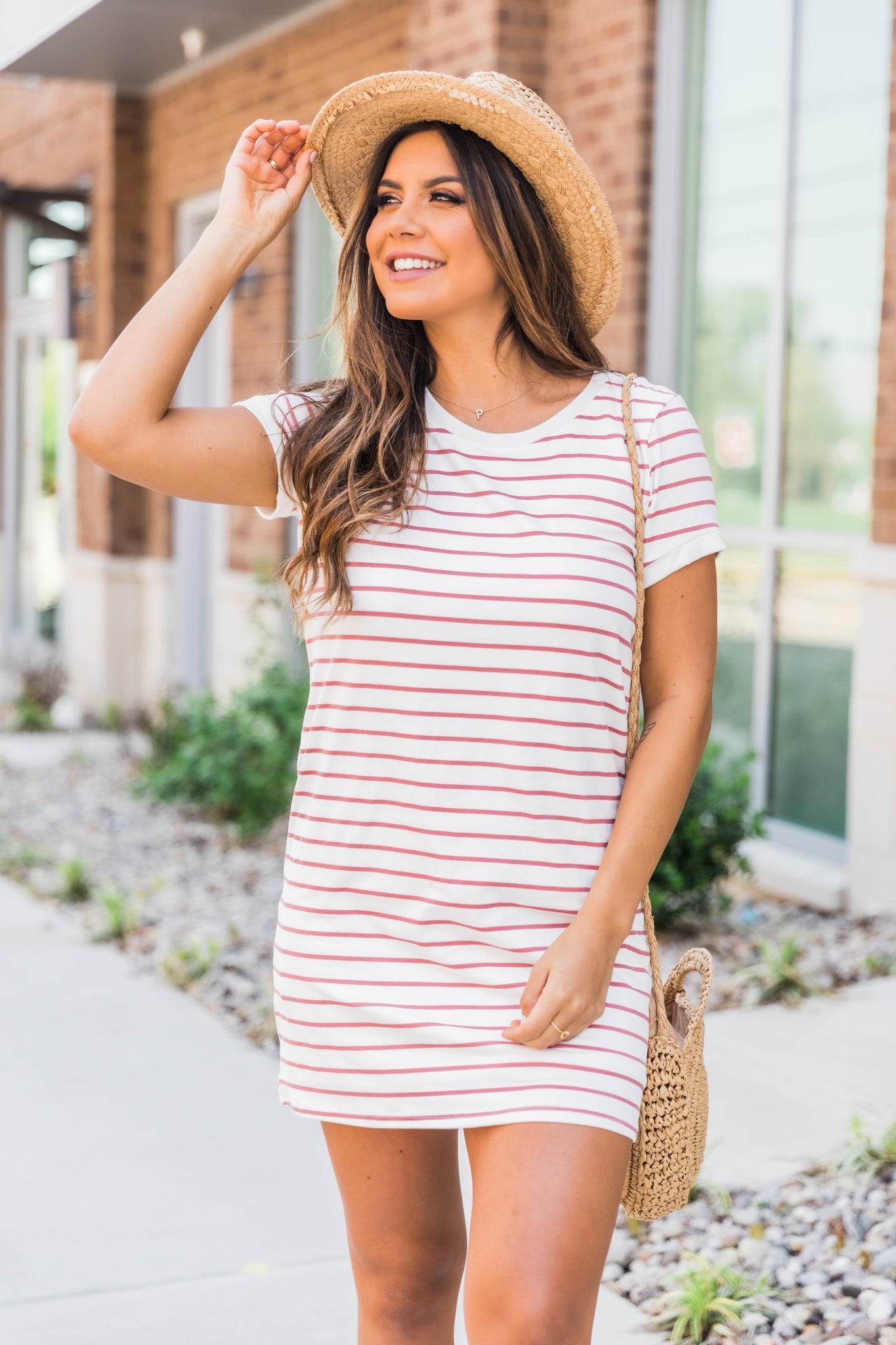 beige and white striped dress